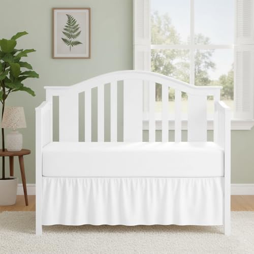 Image of Luxury Crib Bed Skirt 28 inch x 52 inch with 14 Inch Drop Soft & Breathable Dust Ruffle Fits Standard Crib and Toddler Bed Nursery Microfiber Fabric Ruffle Bed Skirt for Baby Boys or Girls White Solid