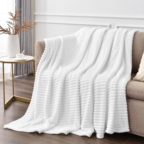 Image of BEDELITE Fleece Blanket Queen Size - 3D Ribbed Jacquard Soft and Warm Decorative Fuzzy Blankets - Cozy, Fluffy, Plush Lightweight Throw Blankets for Couch, Bed, Sofa(White, 90x90 inches)