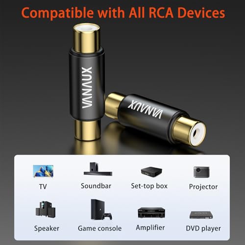 Image of VANAUX 2-Pack Gold RCA Female to Female Coupler,Barrel Connectors Adapters Extend Subwoofer RCA Cables Gold Plated for HDTV,Speakers, Amplifiers, Car Audio-Black