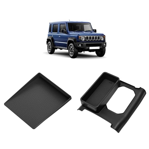 LUCKEASY スズキ ジムニー ノマド 5ドア JC74W FC AT車 専用 センターコンソールトレー+切り替えレバー 収納ボックス Jimny Nomade R7.4～現行 シフトレバー 収納トレイ 中央内側コンソール 保護カバー 滑り止めマット 小物入れ 隙間収納 内蔵型 便利 騒音低減 衝撃吸収 傷防止 キズ隠し 置くだけ 簡単取付 内装パーツ ブラック 2枚セット [4AT車専用]
