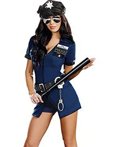 Hejo Home Damen Kostüm Sexy Polizistin Polizei Kostüm Karneval Kleid Blau mit Mütze S/M