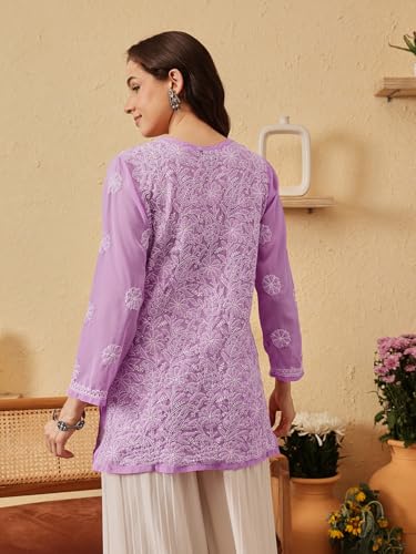 Image of Ada Women's Georgette Regular Fit Chikankari Hand Embroidered Lucknow Short Kurti Top A911224