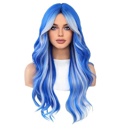 Perruque bleue femme 66 cm cheveux ondulés haute température avec bonnet réglable respirant