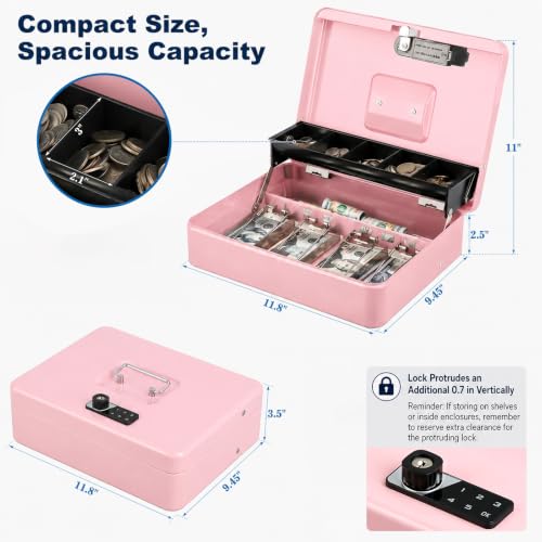 Image of KYODOLED Cash Box with Money Tray and Electronic Lock, 11.8 Inch, Pink