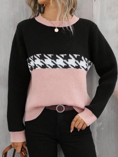 Image of chouyatou Women's Vintage Color Block Long Sleeve Pullover Sweater Houndstooth Printed Crewneck Jumper Tops