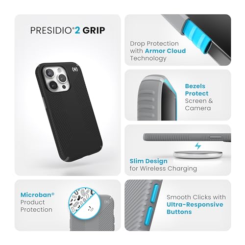 Image of Speck iPhone 15 Pro Case - Drop Protection, Grip - Scratch Resistant, Soft Touch, 6.1 Inch Phone Case - Presidio2 Grip Black /Slate Grey /White