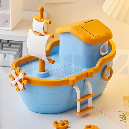 Image of Pirate Ship Piggy Bank Kids Money Saving Bank Plastic Coin Bank Money Bank with Key Coin Saving Box Money Saving Box Tabletop Decoration Money Jar Creative Gifts.