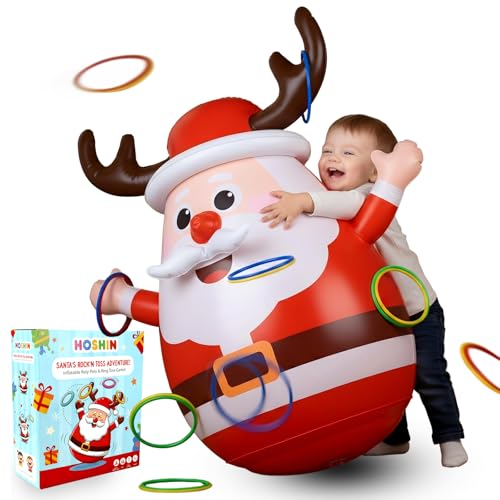 Inflatable Santa Reindeer Ring Toss Game with Wobbling Punching Bag, Christmas Party Game for Kids...