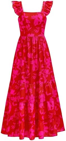 dowerme Summer Dresses for Women 2025 Casual Ruffle Smocked Tiered A-Line Boho Floral Maxi Beach Sun Dress with Pockets