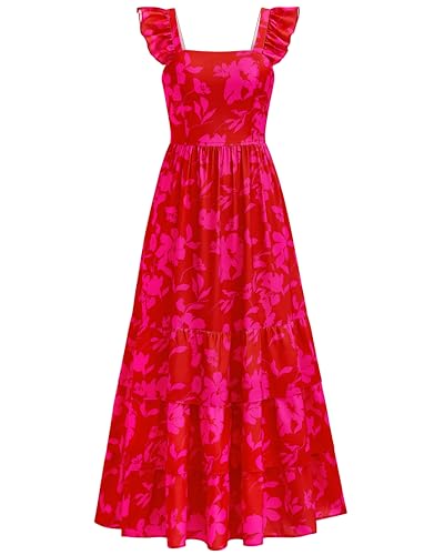 dowerme Summer Dresses for Women 2025 Casual Ruffle Smocked Tiered A-Line Boho Floral Maxi Beach Sun Dress with Pockets(Red Rose Red Flower,Large)