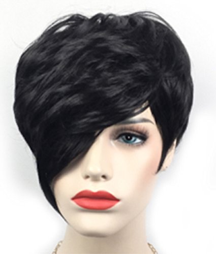 Unisex Fashionable Short Straight Black Wig and A Wig Cap, Cosplay Party Hair Wigs with Oblique Bangs, wig004BK