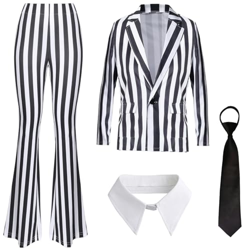 Women Black White Vertical Striped Kit Movie Slim Fit Suits Sexy Blazers Open Front Jacket with Pant Tie Halloween Cosplay