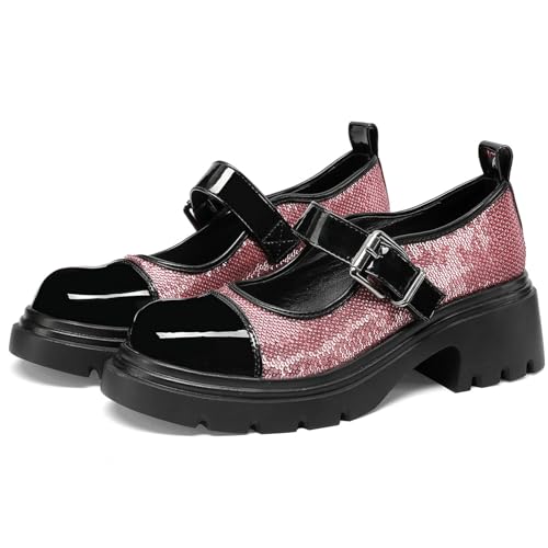 LUXMAX Women Glitter Mary Jane Shoes Platform Chunky High Heel Sparkly Pumps Block Heel Comfortable Pumps