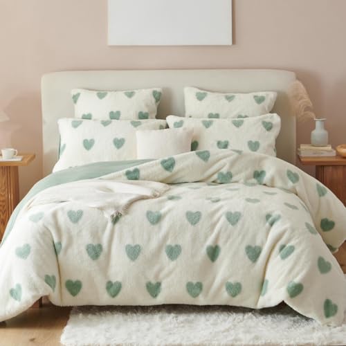Sacebeleu Winter Bettwäsche 155x220 Plüsch Langhaar Flauschig Flanell Biber Bettbezug Grün Weiß Herzen Winterbettwäsche Warme Bettbezug und… – Ansicht 1