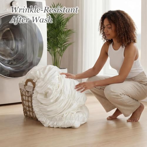 Image of weigelia Ruched Comforter Set Twin Size, 3 Piece Cream White Ruffle Bedding Set with 2 Pillowcases, Soft Lightweight Polyester Comforter for Girls Room, Dorm, Boho Bed Set