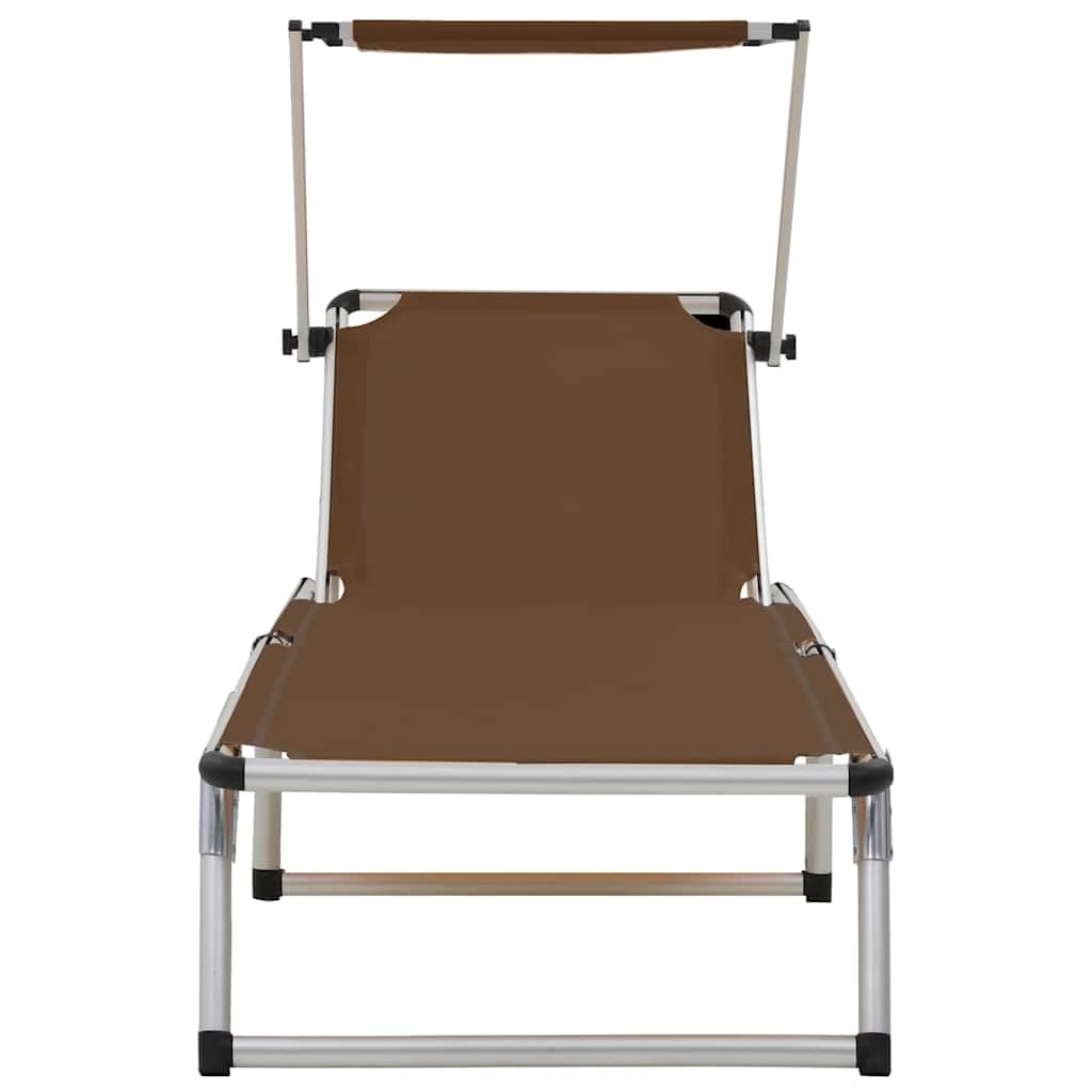 Leżak składany z ochroną przed słońcem, aluminium i tekstylen brązowy, 186 x 58 x 25,5 cm, leżak ogrodowy, leżanka na basen, na balkon, taras, do wellness i wypoczynku na urlopie