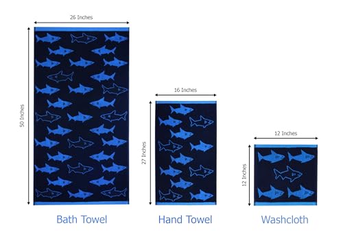Image of ORIGINAL KIDS 6 Piece Towel Set - Bath Time Shark Attack- 2 Bath Towels, 2 Hand Towels, 2 Washcloths - 100% Cotton Jacquard Soft Absorbent Quick Dry Pool Beach Towel Gift - Navy Blue