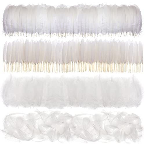 MWOOT 4 Styles Assorted Crafts Feathers, 400Pcs White Feathers, Crafts Art Goose Feathers for DIY Dream Catchers, Halloween Costume, Handmade Earring, Wedding Party, Easter Home Activities Decoration