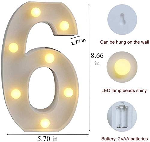 Image of Marquee Number 6 LED Light Lamp | Warm White Night Light | Battery-Operated Decorative Number for Home, Birthday, Wedding, Party & Anniversary Decor