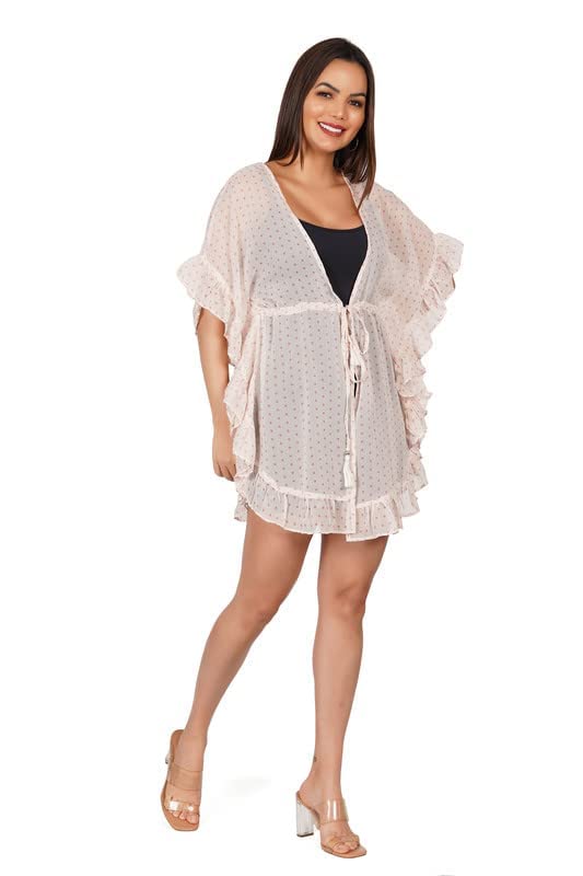 Image of Stylish Women's Cotton Poly Kaftan Style Swimsuit Cover Ups V-Neck Hollow Out Swim Coverup Beach Cover Up Dress (White Small Polka)
