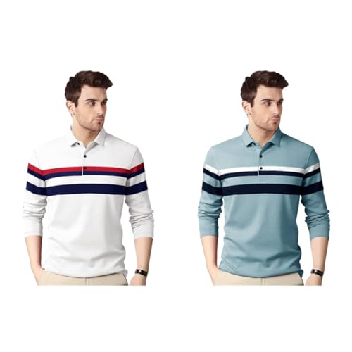 Image of EYEBOGLER Polo Neck Half Sleeve Striped Print Casual Men Regular Fit Tshirt (Pack of 2)