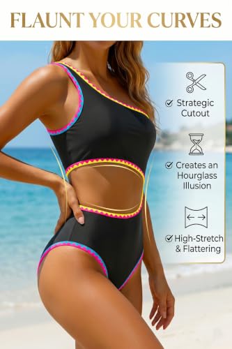 Image of Women's One Piece Swimsuit- One Shoulder Cutout Tummy Control Bathing Suit | Wide Strap, Removable Pads, Full Coverage, Full Lined, Colorblack, Sexy, Chafe-free skin via clasp-free back