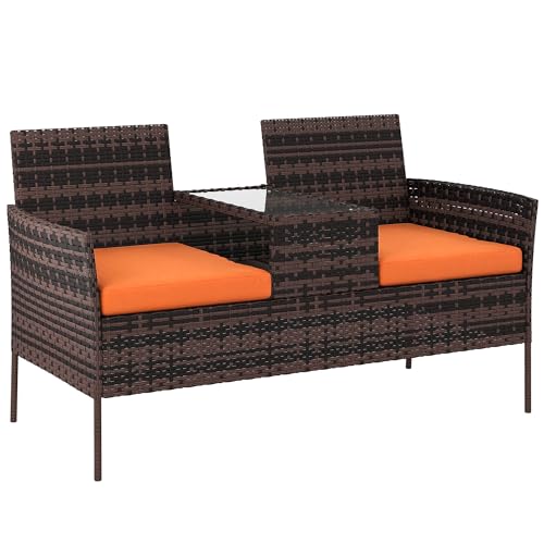 Outsunny 2 Seat Rattan Garden Bench Patio Wicker Chair with Glass Tea Table Outdoor Love Seat with Padded Cushions for Garden Porch Brown/Orange