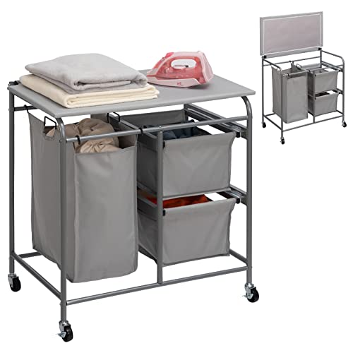 HollyHOME Carrito clasificador de lavandería 3 secciones cesta de lavandería con labio plegable tabla de planchar organizador de lavandería con ruedas, 2 cajones gris Cover