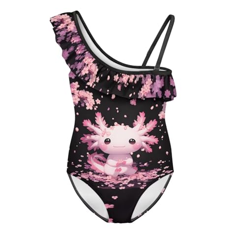Image of WELLFLYHOM Axolotl Girls One Piece Swimsuits 3-14 Ruffle One Shoulder Bathing Suits Full Coverage Beachwear