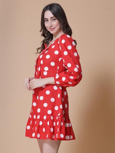 Image of GOD BLESS Red Colored Cotton Polka Dot Printed Short Dress,Short Length,Full Sleeeves,V Neck