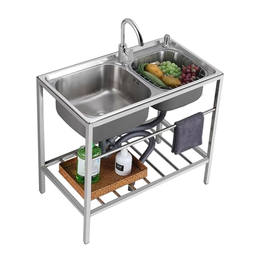 Évier utilitaire double cuve autoportant résistant pour laver grands plats - 2