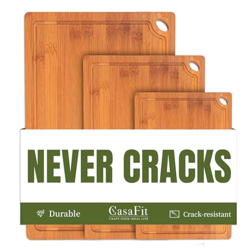 3-Piece Organic Bamboo Cutting Board Set for Kitchen - Carbonized Extra Sturdy Chopping Boards with...