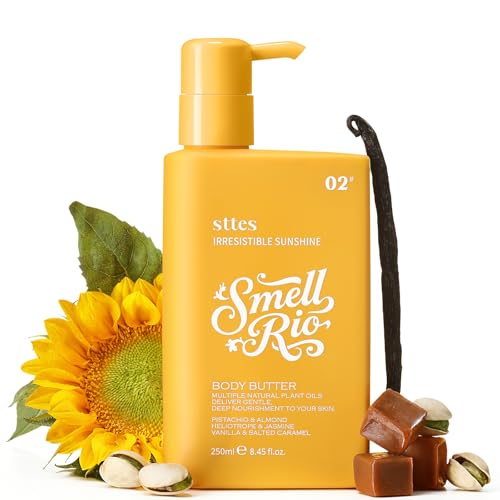 Sttes Smell Rio Body Butter 02# (Irresistible Sunshine) Pistachio Almond Vanilla & Salted Caramel Scent Fast-Absorbing Firming Body Cream with Coconut & Jojoba Oils Caffeine 250ml