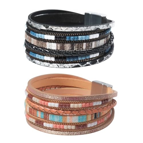 2 Pcs Leather Wrap Bracelets for Women Boho Rustic Multi-Layer Bracelet Clasp Beads Stackable Faux Rhinestone Bracelet Cuff for Women Slender Wrist