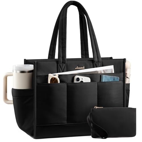 LOVEVOOK Shopper Tasche Damen, Handtasche Mittelgroß, leichte Arbeitstasche,15,6 Zoll Laptoptasche Lehrertasche Schultasche, große Puffer Tote Handbags Women für Büro Uni Schule Arbeit Alltag, Schwarz