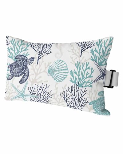 Turquoise Coral Outdoor Beach Chair Pillow Headrest for Chaise Lounge Chair, Recliner Head Pillow Waterproof Pillowcases with Band & Inserts 12x20(1 PCS) Shell Starfish Turtle Seahorse Ocean Sea