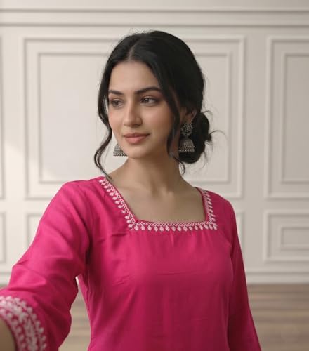 Image of MAHIRA'S Comfort Women's Short Kurti, Rayon Tunic Top with 3 /4 Embroidered Designer Sleeves | Soft Breathable Fabric | Office & Casual Kurti for Jeans, Leggings & Trousers