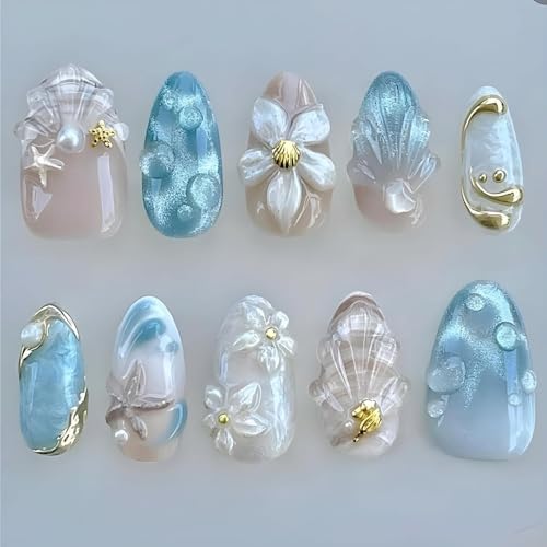 30Pcs Blue Shell Press on Nails 3D Floral Ocean Nail Set Medium Almond Fake Nails for Summer Beach with 3D Shelland & Pearls Design Cute Vacation Nails Press On Glue on Nails for Women