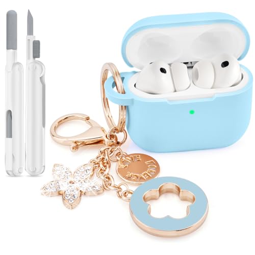 Image of VISOOM for AirPods Pro 3 Case 2025, Silicone Case for Apple Air Pods Pro 3rd Generation Cover Women, Cute iPods 3 Protective Cover with Bling Keychain & Cleaning Kit,Sky Blue