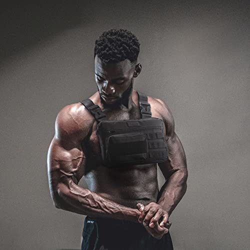 Fitdom Tactical Inspired Lightweight Running Chest Pack For Men With Built-In Phone Holder. A Sports Utility Rig Vest Made For Workouts And Outdoor