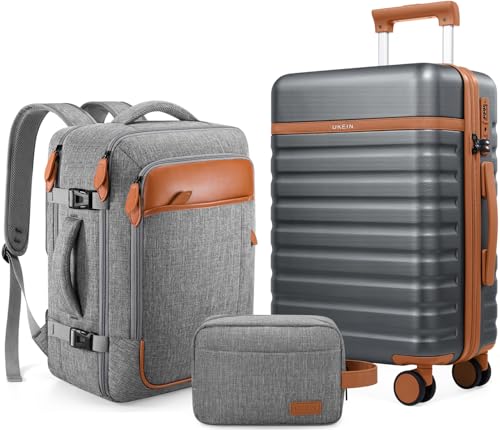 Image of UKEIN Luggage Sets 3 Piece, PC Hardside Large Luggage 24 Inch With Spinner Wheels with TSA Lock, Carry On Suitcase Set With Travel Backpack (Grey, 3 piece set (24inch))