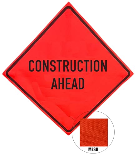 Image of OrangeGear 36 inchx36 inch Construction Ahead Mesh Sign & Steel Spring Stand | MUTCD TTC compliant orange mesh roll-up sign kit with fiberglass cross ribs and single-spring steel stand.