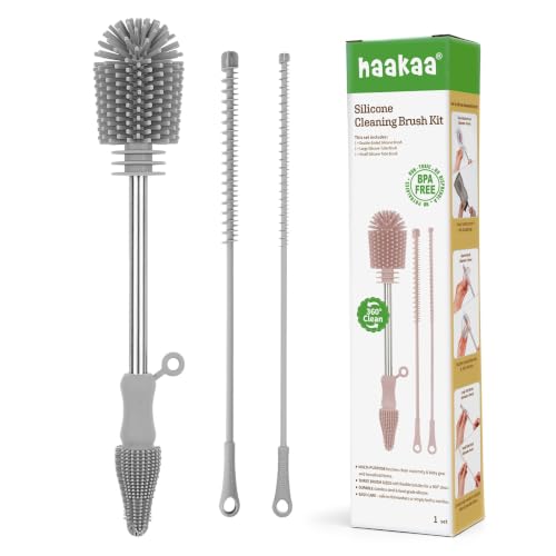 Image of haakaa Silicone Cleaning Brush Kit - SUVA Grey - Bottle Brush for Breast Pumps, Breast Milk Collector, Baby Bottles, Nipples, Breastmilk Storage Bags