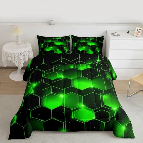 Image of Feelyou Geometrics Honeycomb Bedding Set Kids Toddler King, Beehive Geometric Comforter Set Honeycomb with Green Yellow Neon Lights Comforter Hexagonal Duvet Set Durable Quilt Set King Size