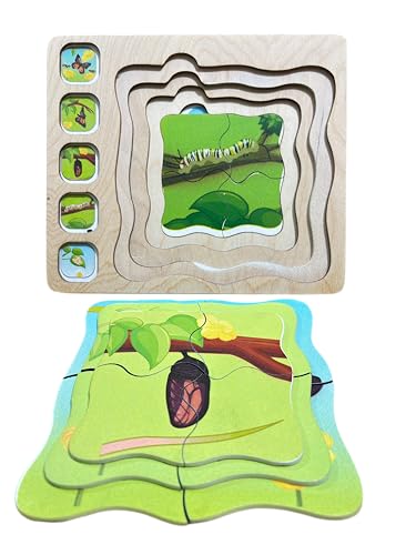 Image of Butterfly Life Cycle Layering Puzzle - Montessori Puzzle for Kids, Wooden Puzzle with Layers Showing Butterfly Transformation, Ages 2+