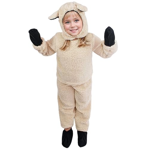 Costume de mouton pelucheux à manches longues + pantalon + chapeau + gants + chaussettes 5 pièces vêtements de fête pour enfants pour Halloween et Noël
