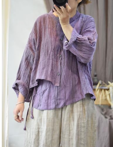 NFYM Women's Linen Asymmetrical Shirt Top Irregular Hem Tie Retro Stand Collar Button Blouse Shirts3