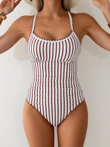 Image of Eomenie Women's One Piece Swimsuit Tummy Control Slimming Bathing Suit Ruched Swimwear Tie Back Shell Stitch Swim Suit