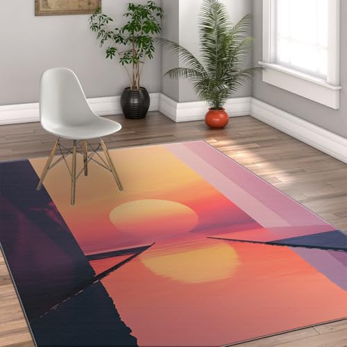 Tapis Sunset motif soleil jaune chaud et eaux dégradées rose bleu de 150 x 210 cm - 2