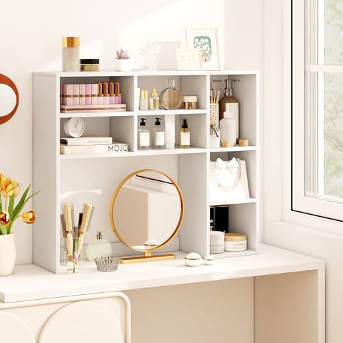 Image of Tangkula Desktop Bookshelf, 37 inch Countertop Storage Hutch with 7 Cubes & 3 Adjustable Shelves, 3-Tier Desk Display Rack Organizer, Multipurpose Wood Desktop Hutch for Dorm Home Office (White)